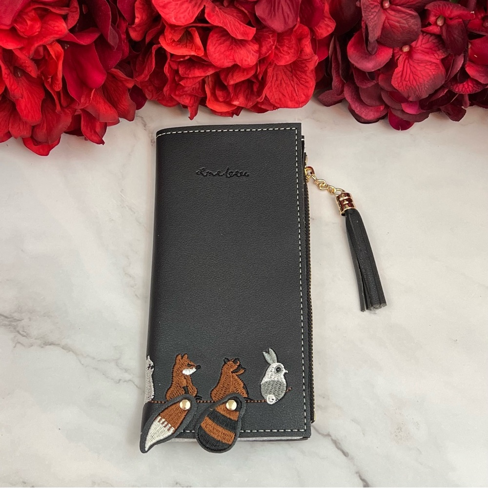 Whimsical Black Vegan Leather Fox Rabbit Raccoon Cat Wallet Clutch - Picture 1 of 14